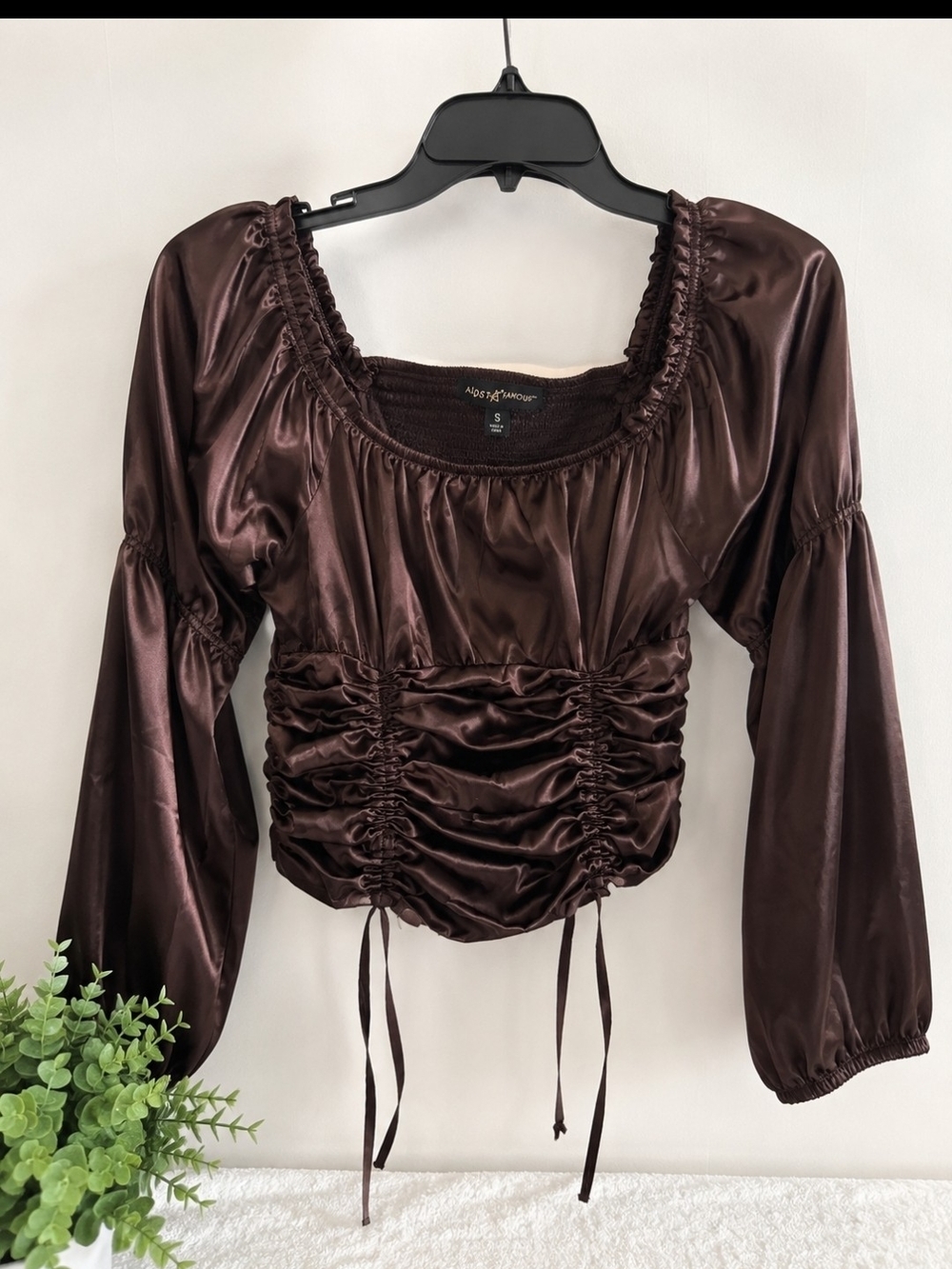 Almost Famous Brown Satin Ruched Long-Sleeve Crop Top